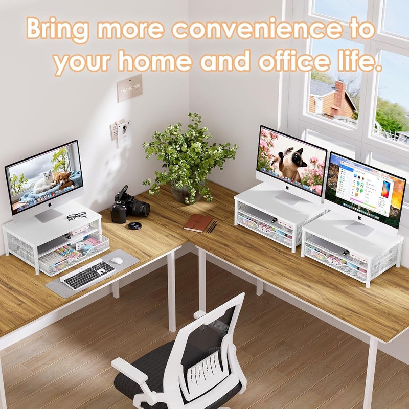 OPNICE Computer Monitor Stand Riser, Desk Organizer with Drawer, Laptop Stand, Office Desk Accessories & Workspace Desktop Organizers Storage for Office Supplies(White) - Image 4